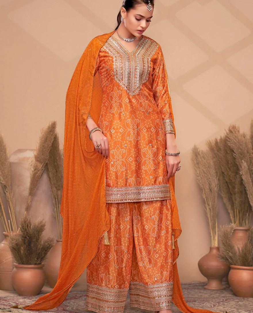 2151 - PREMIUM EMBROIDERED ORANGE TRENDY PALAZZO STYLE SUIT